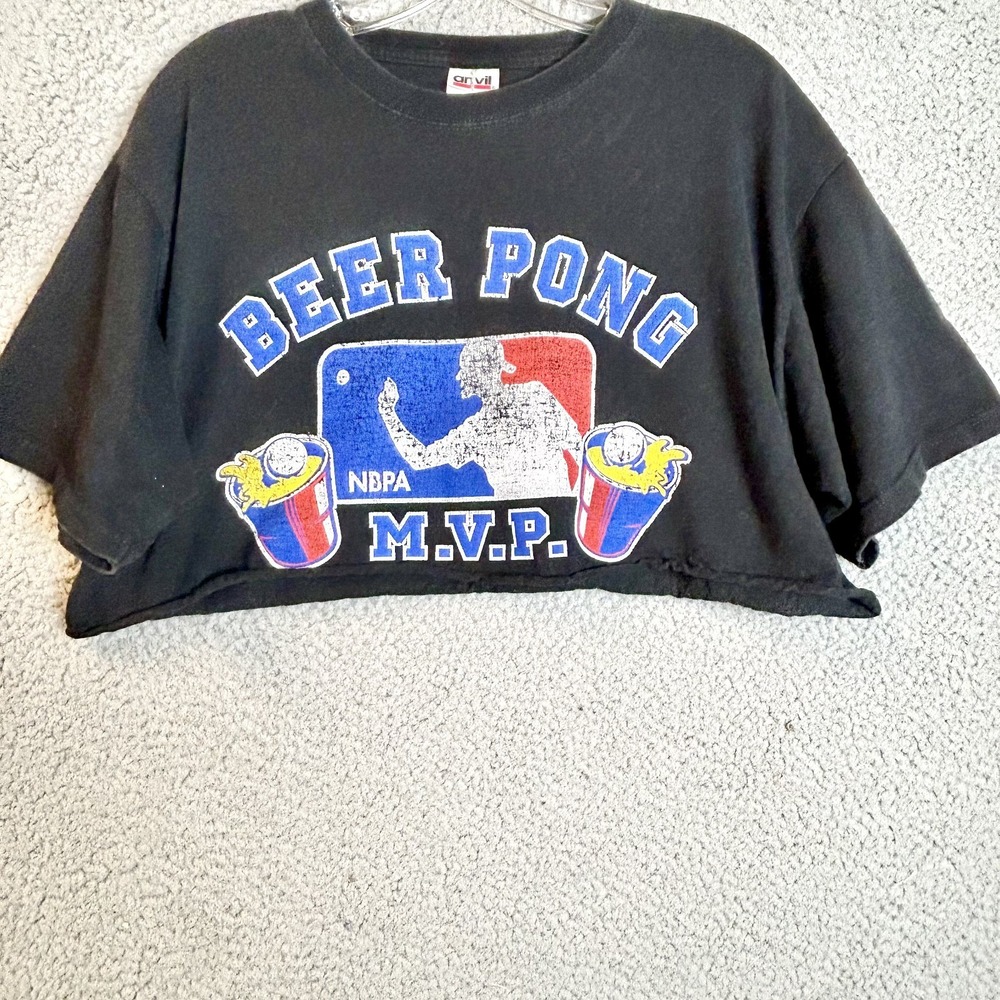 VTG Y2K Beer Pong M.V.P Cropped Boyfriend Party T Shirt Size Large Frat Humor